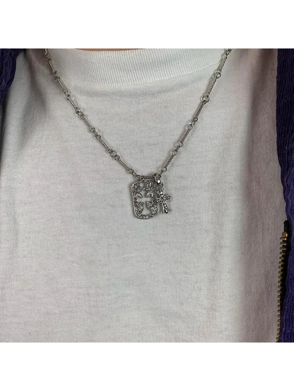 silver cross rhinestone dog tag pendant Necklace. Stainless steel Rhinestone